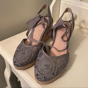 Lacy silver ankle tie wedges